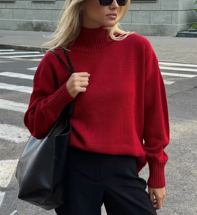 Simple And Casual Solid color Pullover Knit Sweater Red - Shop at LoveMi