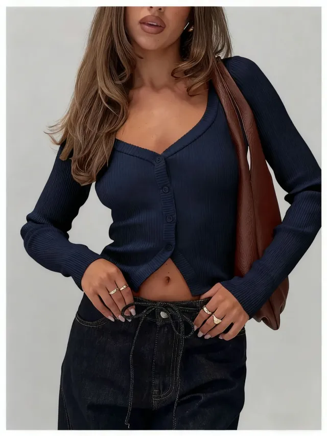 Women's European And American style Long sleeved Slim fit Cropped Knit Top Blue - Shop at LoveMi