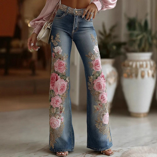 Womens Retro Printed Faux Denim Jeans