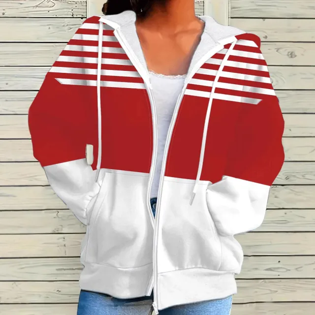 Casual Striped Contrast Color Zipper Hooded Sweater Red - Shop at LoveMi