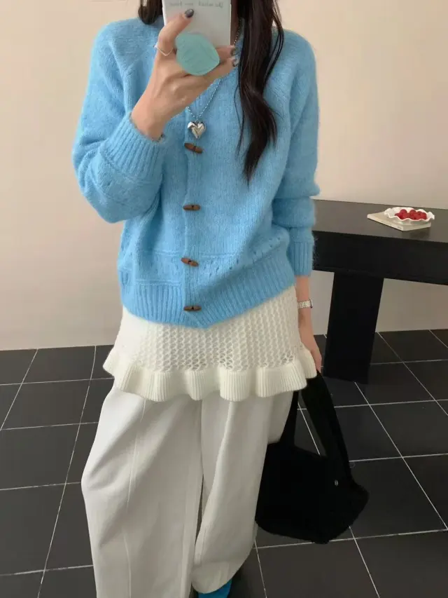 Atmosphere Horn Button Solid Color Soft Glutinous Knitted Cardigan Sky Blue - Shop at LoveMi