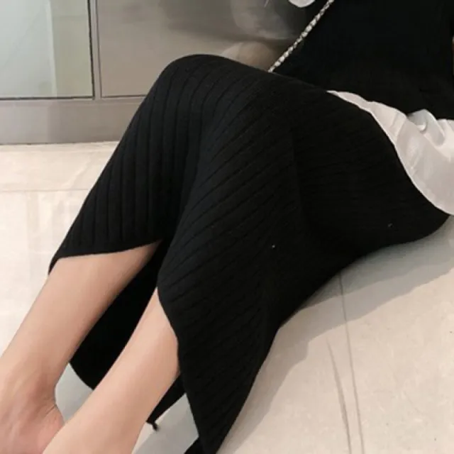 Slim Fit Fashionable Knitted Base Sweater Dress Two piece Suit Black Single Skirt - Shop at LoveMi