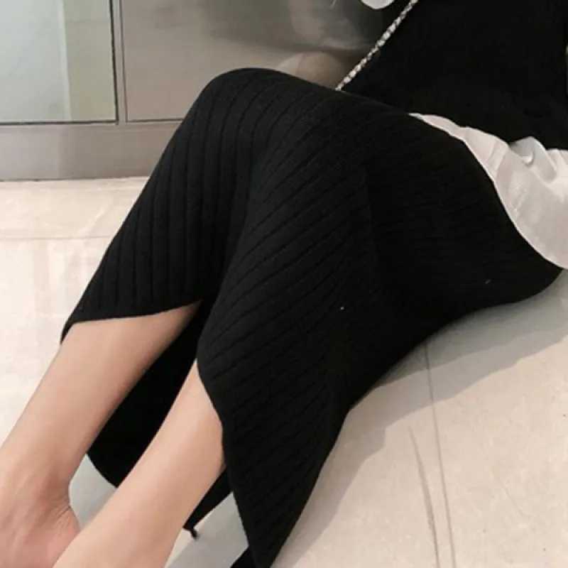 Slim Fit Fashionable Knitted Base Sweater Dress Two-piece Suit - Black Single Skirt