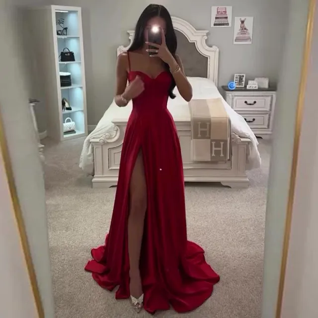 U collar Cinched Waist Slim fit High Slit Temperament Camisole Long Dress Red - Shop at LoveMi