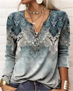 Women's Casual Ethnic Style V-neck Long-sleeved T-shirt - 4 Colours-L - View 1