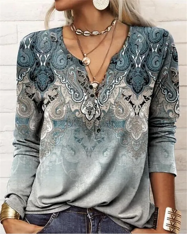 Women's Casual Ethnic Style V neck Long sleeved T shirt 4 Colors L - Shop at LoveMi