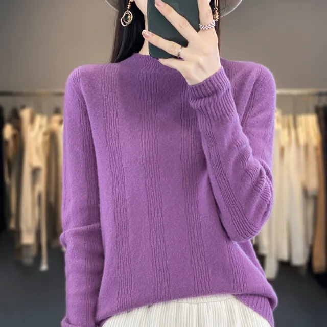 Autumn And Winter Stand Collar Vertical Stripes Wool Base Shirt Purple - Shop at LoveMi