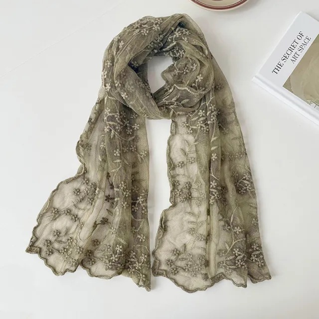 Lace Embroidered Small Floral Long Silk Scarf For Women Army Green - Shop at LoveMi