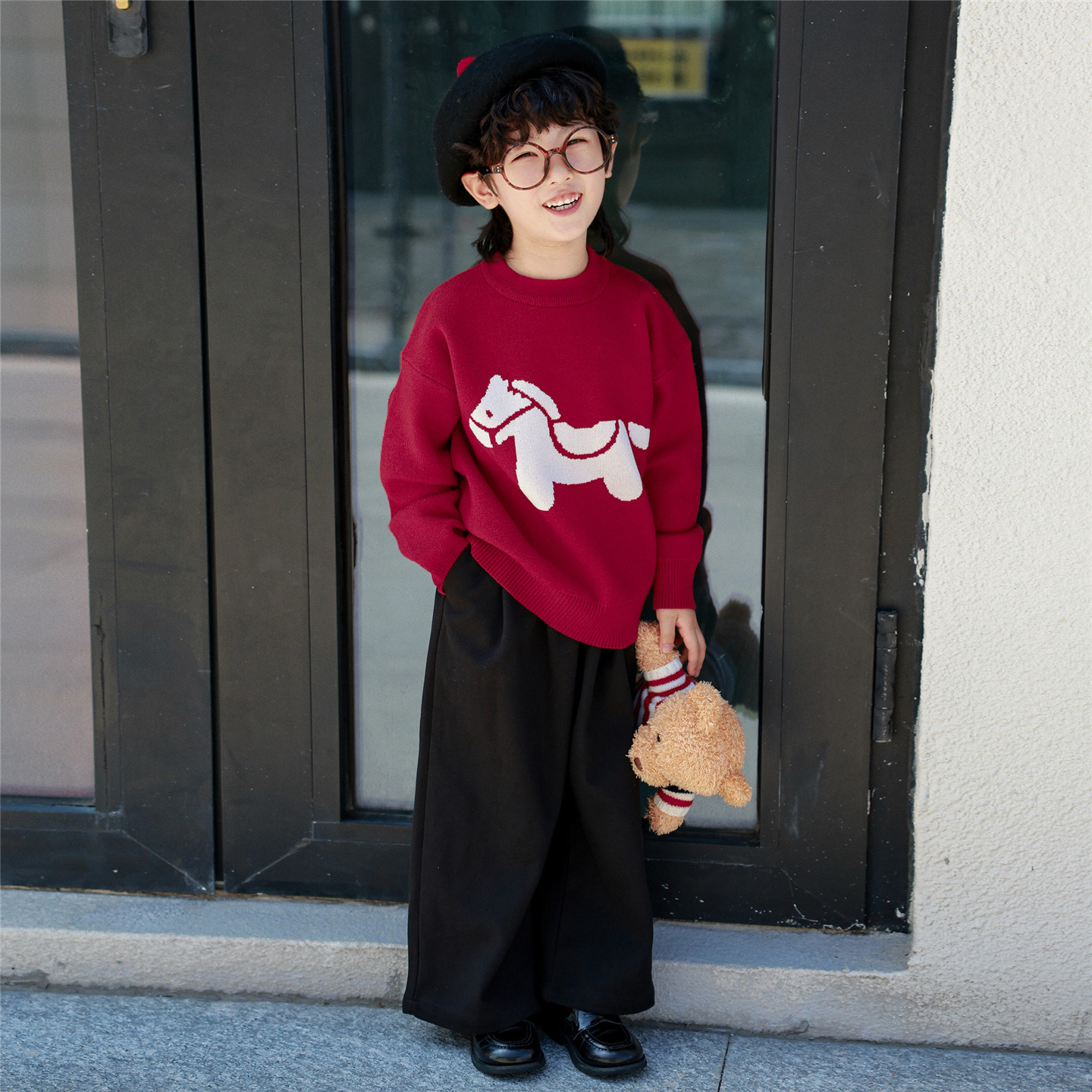 New Years Day Family Matching Sweater Red With A Little Horse Pattern For Mother And Daughter