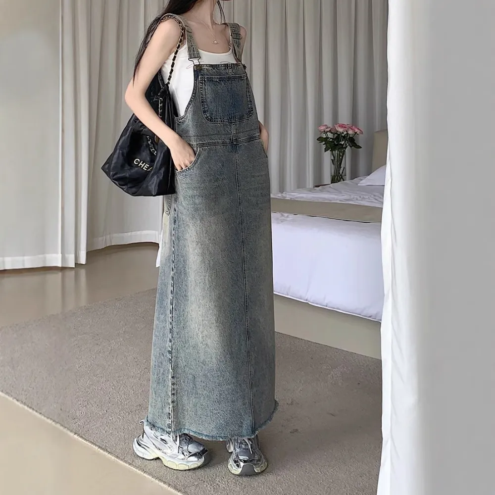 All-matching Retro Anti-aging Sleeveless Strap Dress Women's Spring And Summer Leisure Loose Slimming And Straight Denim Long Skirts