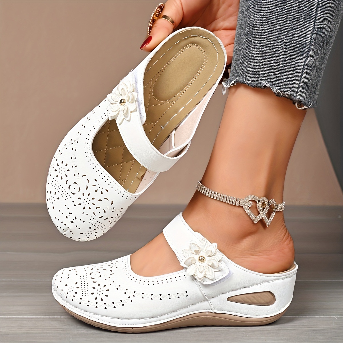 Womens Floral Wedge Strap Chunky-soled Beach Sandals