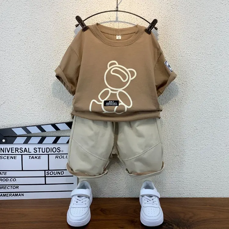 Boys And Girls Solid Color Bear Print Armband T-shirt Short Sleeve Two-piece Set