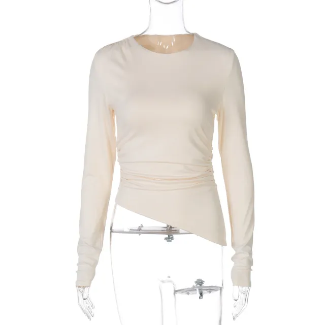 Women's Slim Fit Round Neck Long Sleeves Beveled Top Apricot - Shop at LoveMi