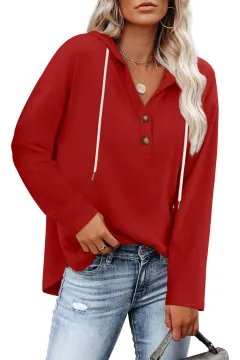 Women's Top V-neck Buttons Long-sleeved Sweater Shirt - Wine Red - View 1