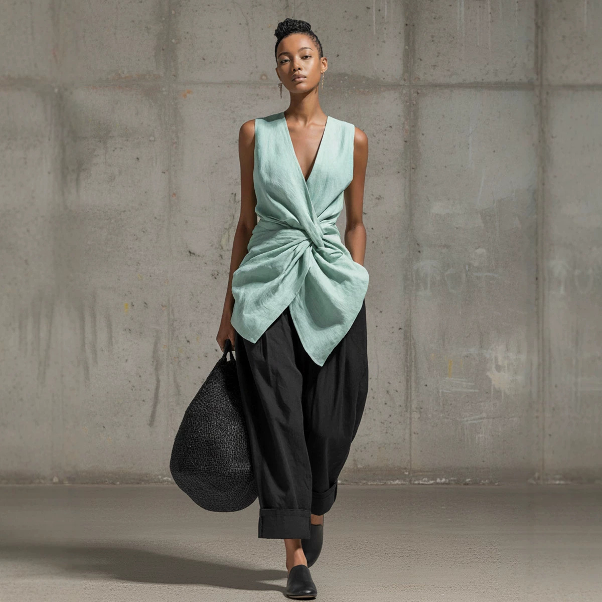 Waist-cinching Tie-front V-neck Sleeveless Top Wide-leg Pantsuit - Image 1