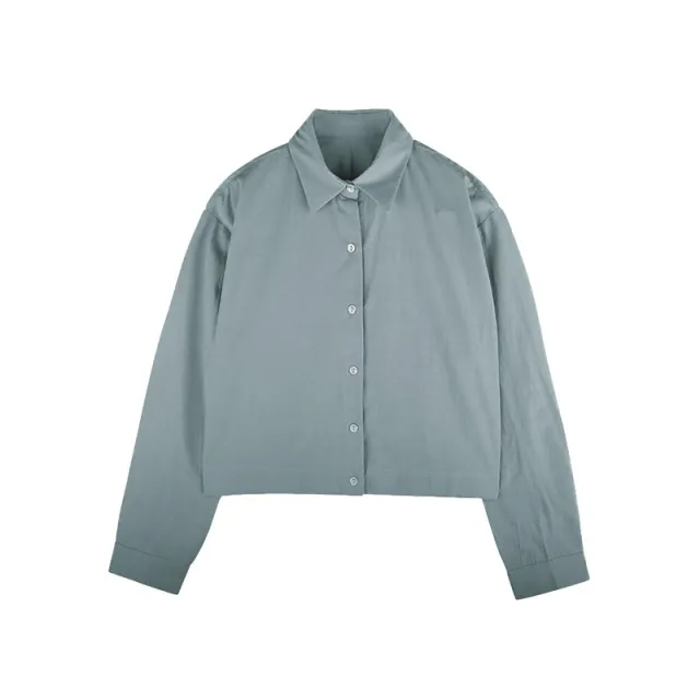 Cotton Hem Elastic Waist Slimming Solid Color Long Sleeve Shirt Gray And Blue - Shop at LoveMi
