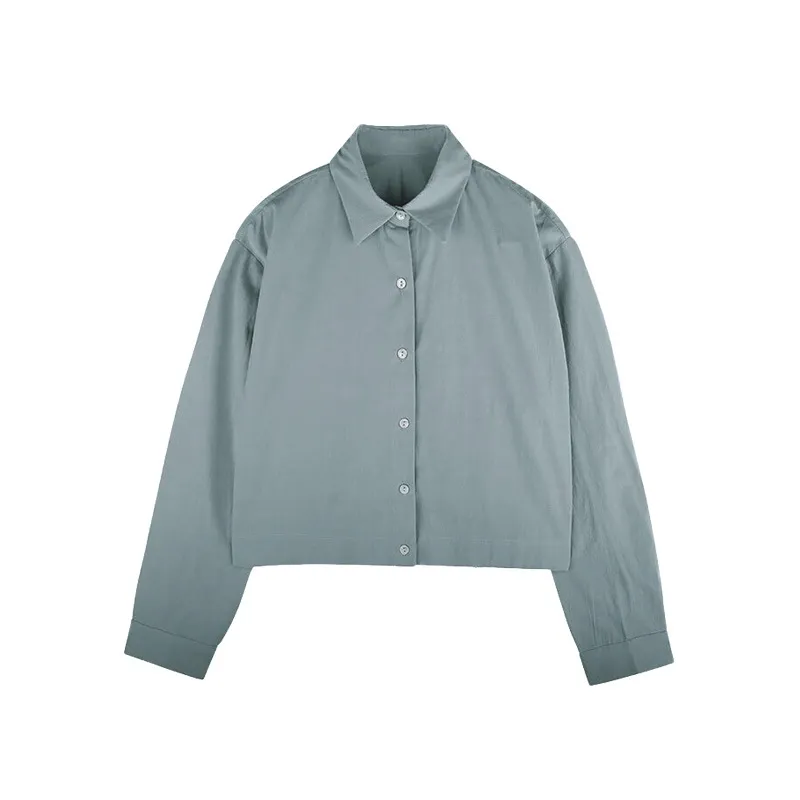 Cotton Hem Elastic Waist Slimming Solid Color Long Sleeve Shirt - Gray And Blue