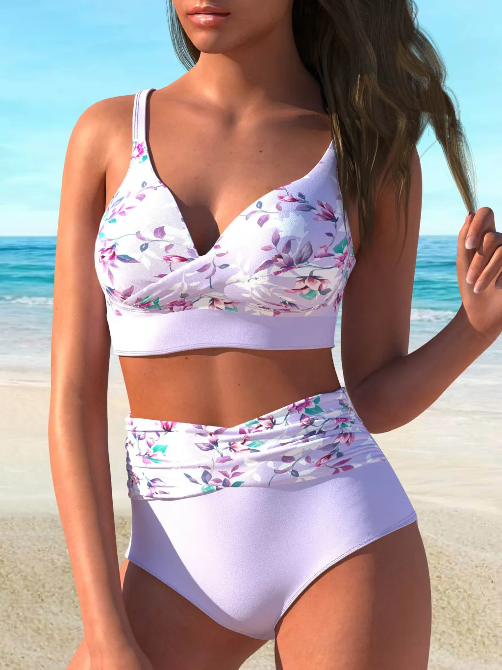 Cross High Waist Split Bikini Sexy Swimsuit Women - Purple