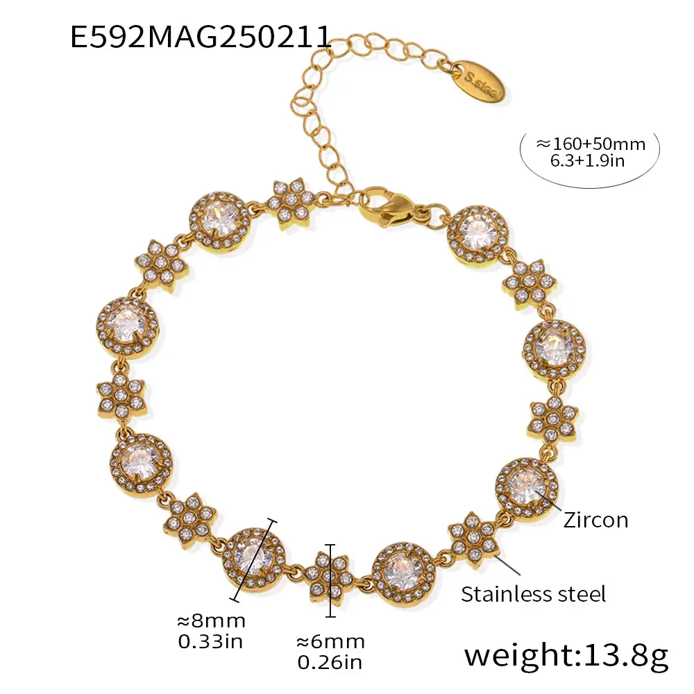 5A Zircon Six-leaf Flower Round Diamond Stainless Steel Plated 18K Gold Bracelet