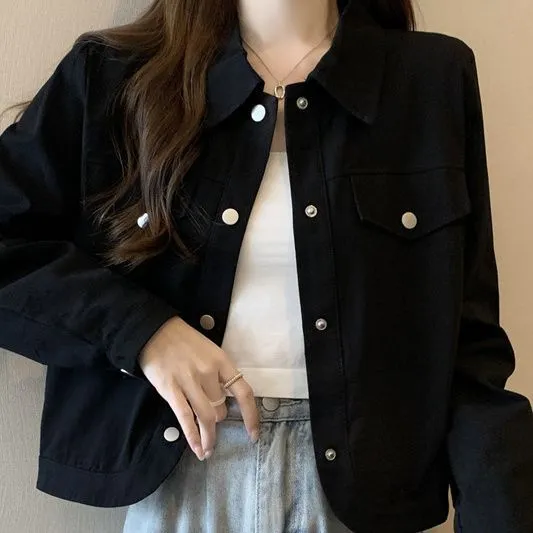 Wide Loose Shoulder American Long Sleeve Short Top Black - Shop at LoveMi