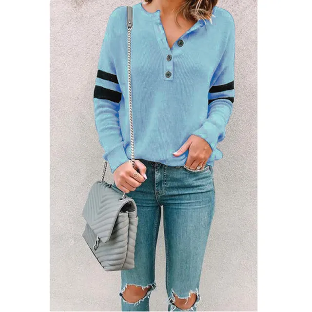 European And American Women's Clothing Patchwork Round Neck Button T shirt Top Blue - Shop at LoveMi