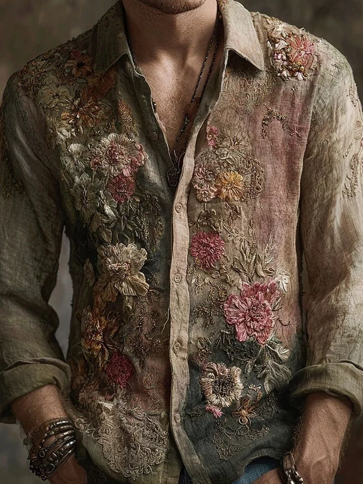 Retro Casual American-style Loose-fitting Mens Printed Long-sleeve Floral Shirt