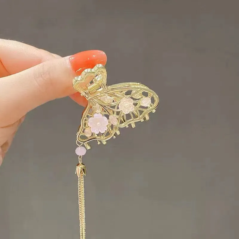 Butterfly Small Jaw Clip Alloy Hair Retro Style Elegant Fairy Small Tassel Shark - Gold