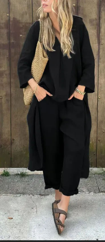Long sleeved Suits Loose V neck Long Top And High Waist Wide Leg Pants With Pockets Women's Clothing Black - Shop at LoveMi