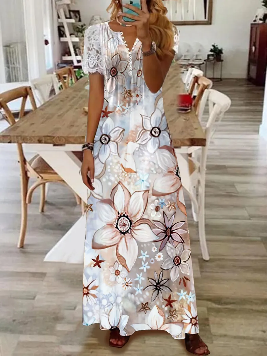 Printed Lace Sleeve Short Sleeve Dress - 1Color