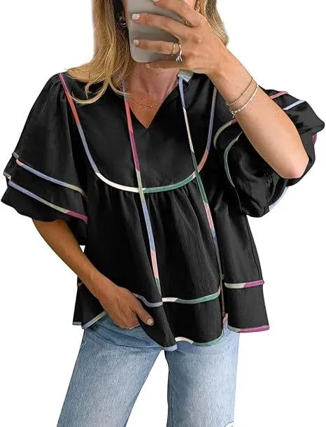Casual Loose Puff Sleeves V neck Pullover Top Black - Shop at LoveMi