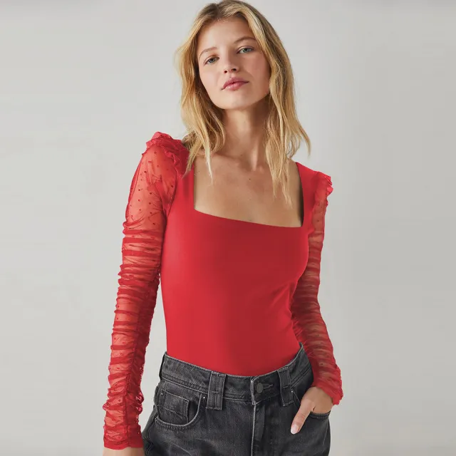 Square Collar Solid Color Lace Slim Fit Patchwork Top Red - Shop at LoveMi