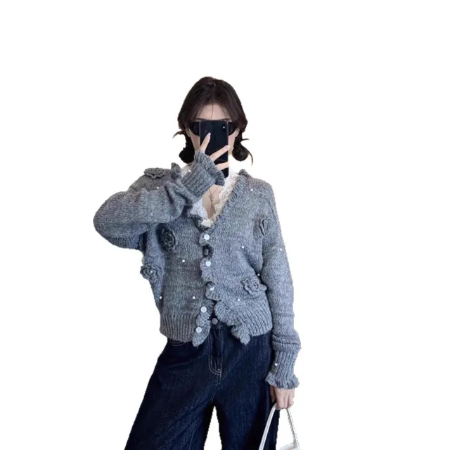 Three dimensional Flower Long Sleeve Sweater Coat Female Gray Cardigan - Shop at LoveMi