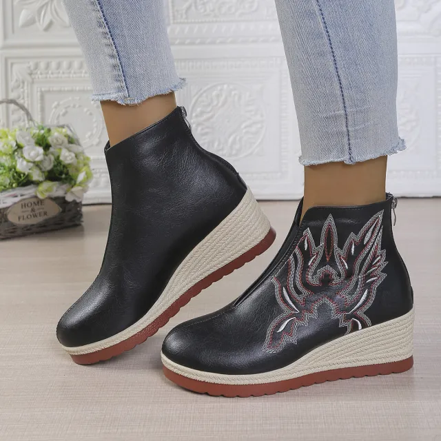 Embroidered Thick Version Retro Ankle Boots Women Red - Shop at LoveMi