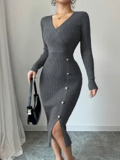 French Waist-tight Mid-length Sheath Inner Wear Base Skinny Knit Dress - Dark Grey - View 1