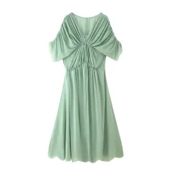 Cape-style Sleeve Collar Pleated Midi Skirt Dress - Green - View 1