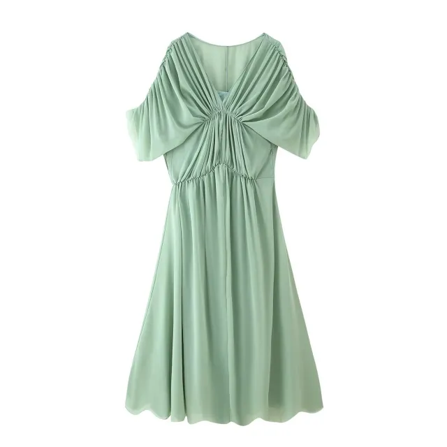 Cape style Sleeve Collar Pleated Midi Skirt Dress Green - Shop at LoveMi