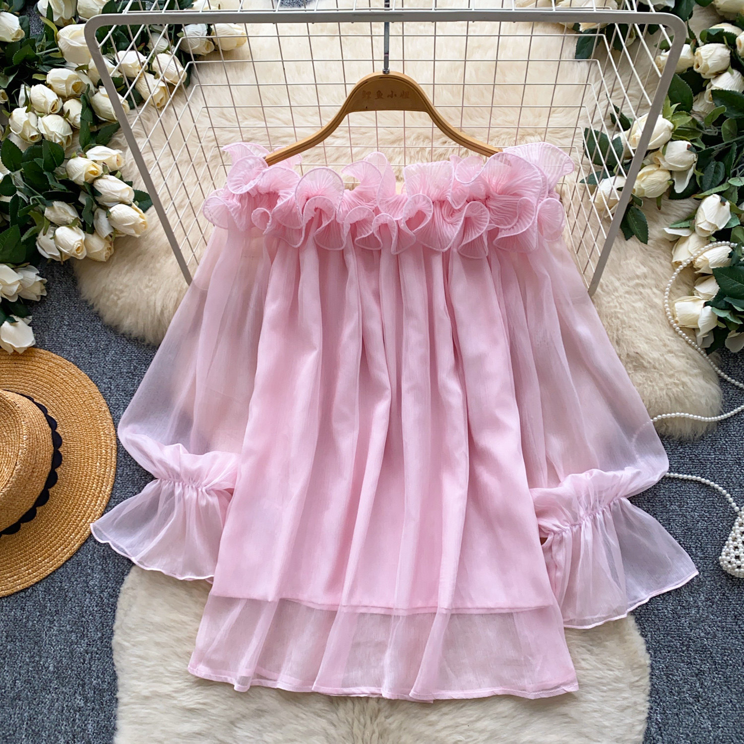 Women's Solid-color Casual Off-shoulder Ruffled Chiffon Blouse
