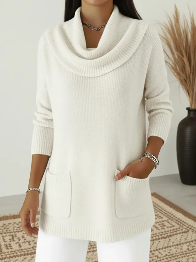 Solid color Pocketed Long sleeve Sweater White - Shop at LoveMi
