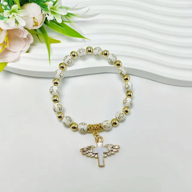 Rosary Bracelet Bronzing Acrylic Cross Bead Bracelet White Plus Gold - Shop at LoveMi