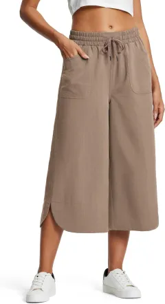 Summer Elastic Waist Solid Colour Wide Leg Loose Casual Cropped Pants For Women - Khaki - View 1