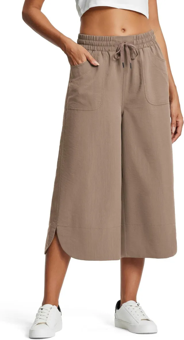 Summer Elastic Waist Solid Color Wide Leg Loose Casual Cropped Pants For Women Khaki - Shop at LoveMi