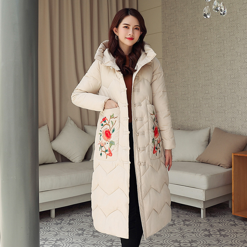 Winter New Vintage Cotton padded Jacket Ethnic Embroidery Ladies Below The Knee Cotton Clothes Beige - Shop at LoveMi