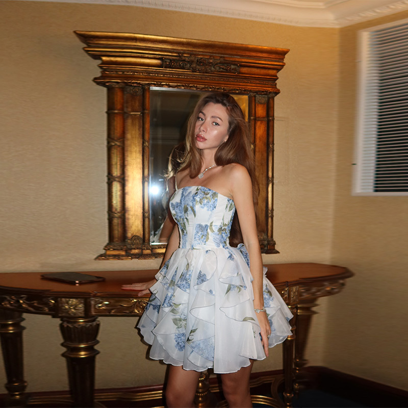 Summer Women's Clothing New Tube Top Printing Lace-up Skirt