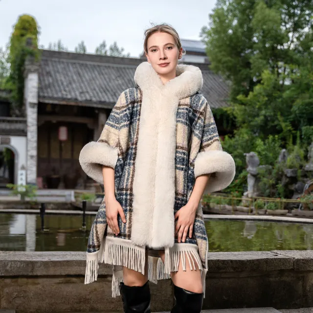 New Hooded Warm Cloak Artificial Plush Fur Shawl Dark Blue - Shop at LoveMi