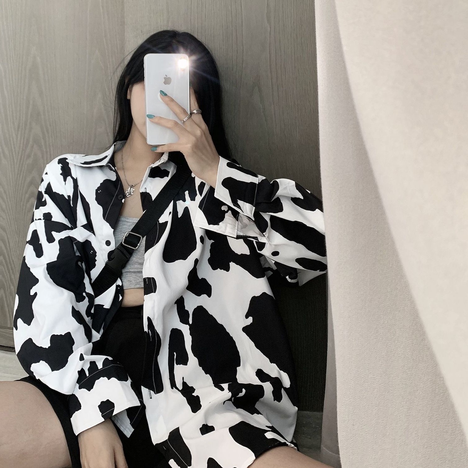 Black And White Printed Blouse Womens Mid-length Fall Top