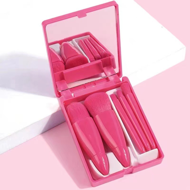 Portable Models 5 Makeup Brushes Suit Mini Multifunctional With Mirror Rose Red - Shop at LoveMi