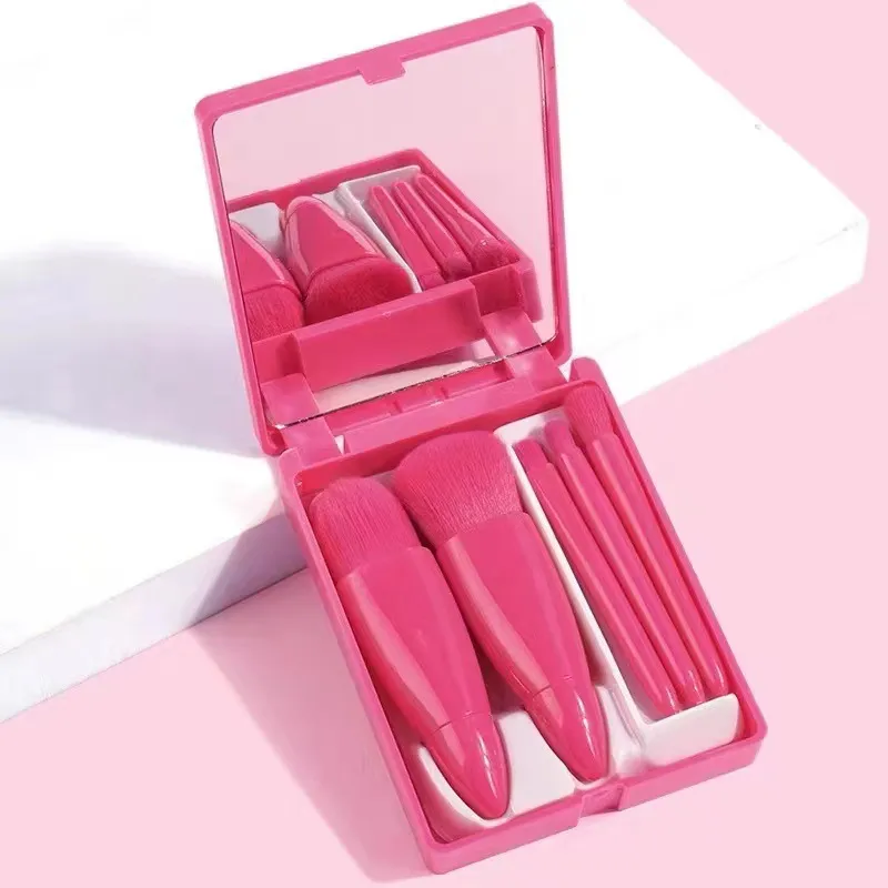Portable Models 5 Makeup Brushes Suit Mini Multifunctional With Mirror - Rose Red
