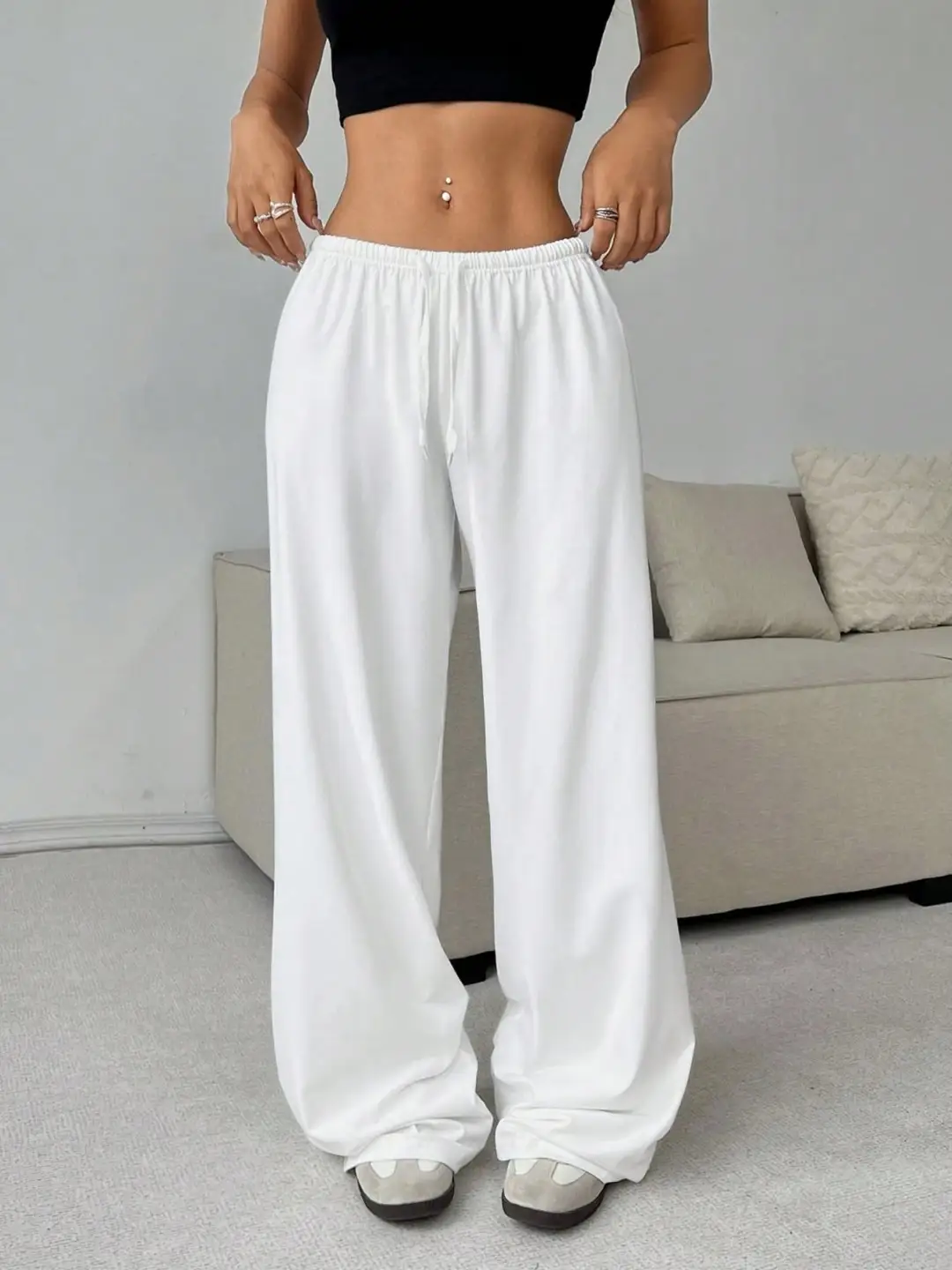 Trousers Elastic Waistband Lace-up Wide-leg Casual Pants
