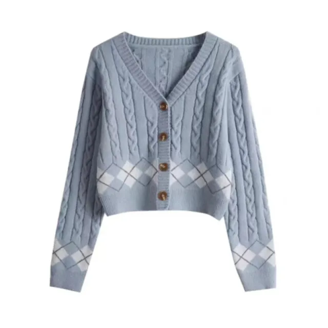 Plaid Hemp Pattern V neck Single Breasted Cardigan Top Light Blue - Shop at LoveMi