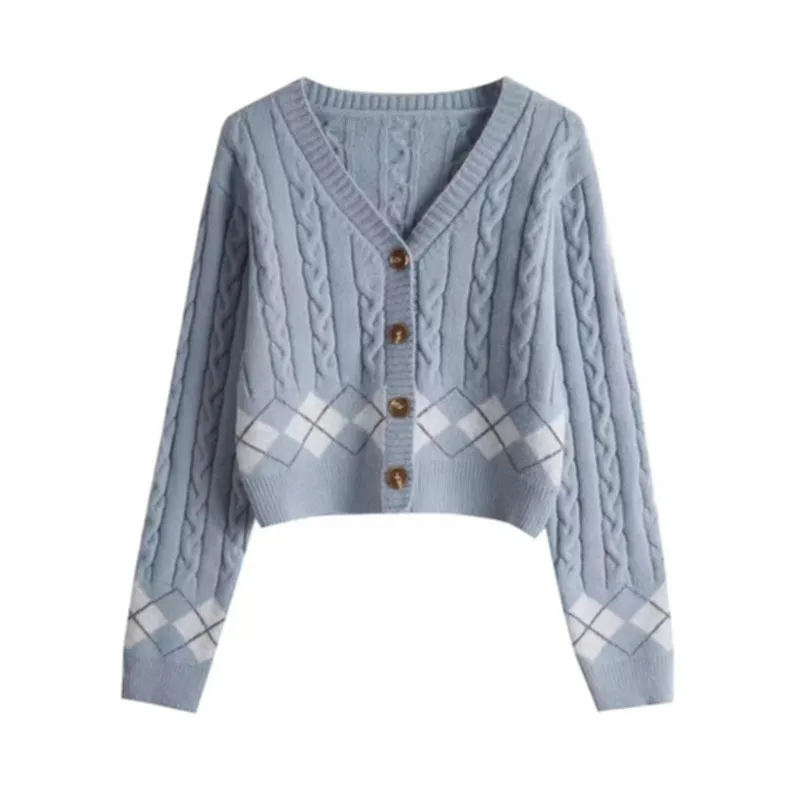 Plaid Hemp Pattern V-neck Single Breasted Cardigan Top - Light Blue